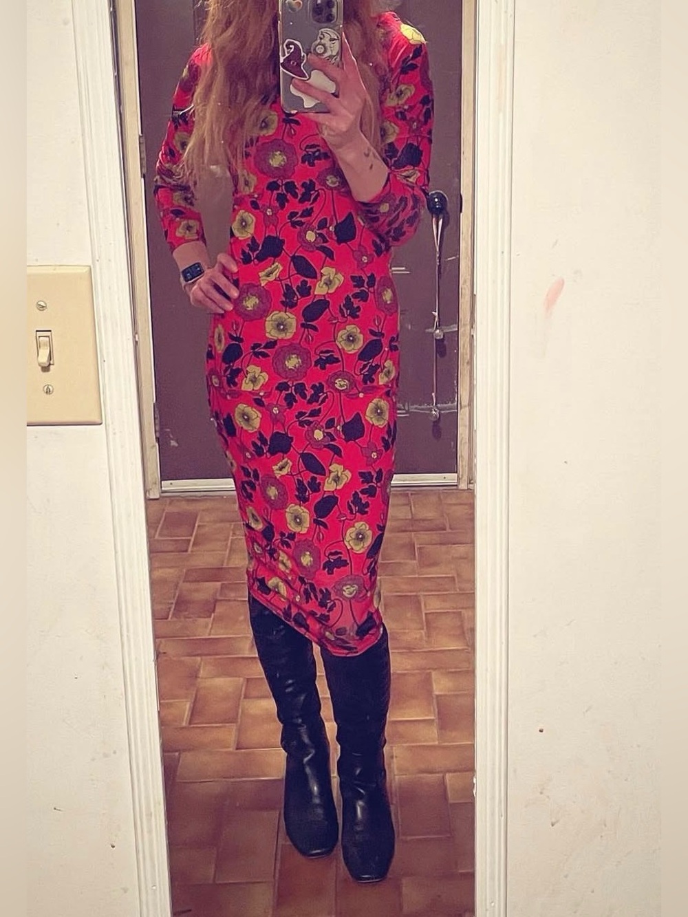 Zara Floral Long-Sleeve Midi Dress in Red and Yellow - Picture 1 of 4